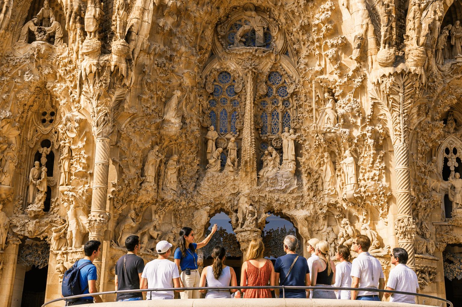 Sunlight through stained glass and columns inside the Sagrada Familia
