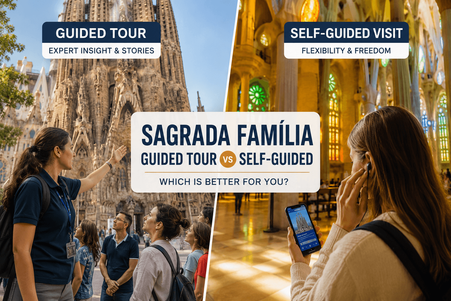 Sagrada Família guided tour compared with a self-guided visit using an audioguide in Barcelona