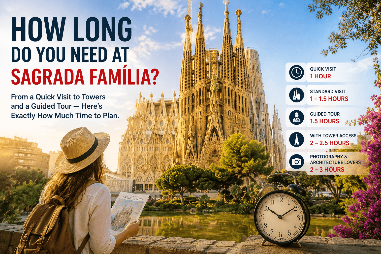 Sagrada Família in Barcelona with recommended visit times for standard tickets, guided tours, tower access and photography lovers
