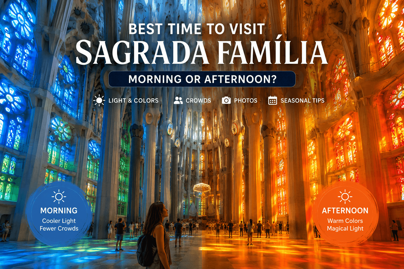 Sagrada Família interior showing cool blue morning light and warm orange afternoon stained-glass light in Barcelona