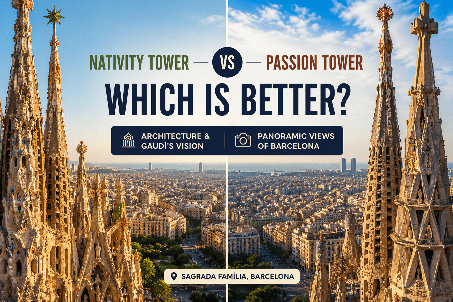 Sagrada Família Nativity Tower vs Passion Tower comparison with panoramic views of Barcelona and Gaudí’s architecture.